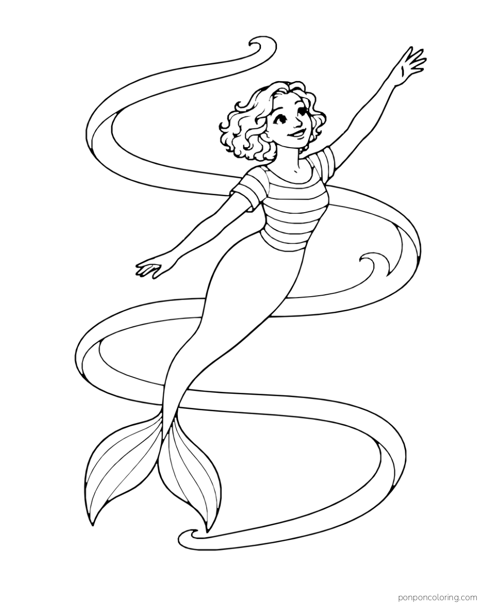 A mermaid in a striped top swims diagonally past three broad water swirls.