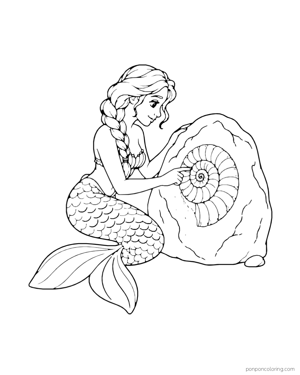 A braided mermaid reaches toward a spiral fossil embedded in a rock face.