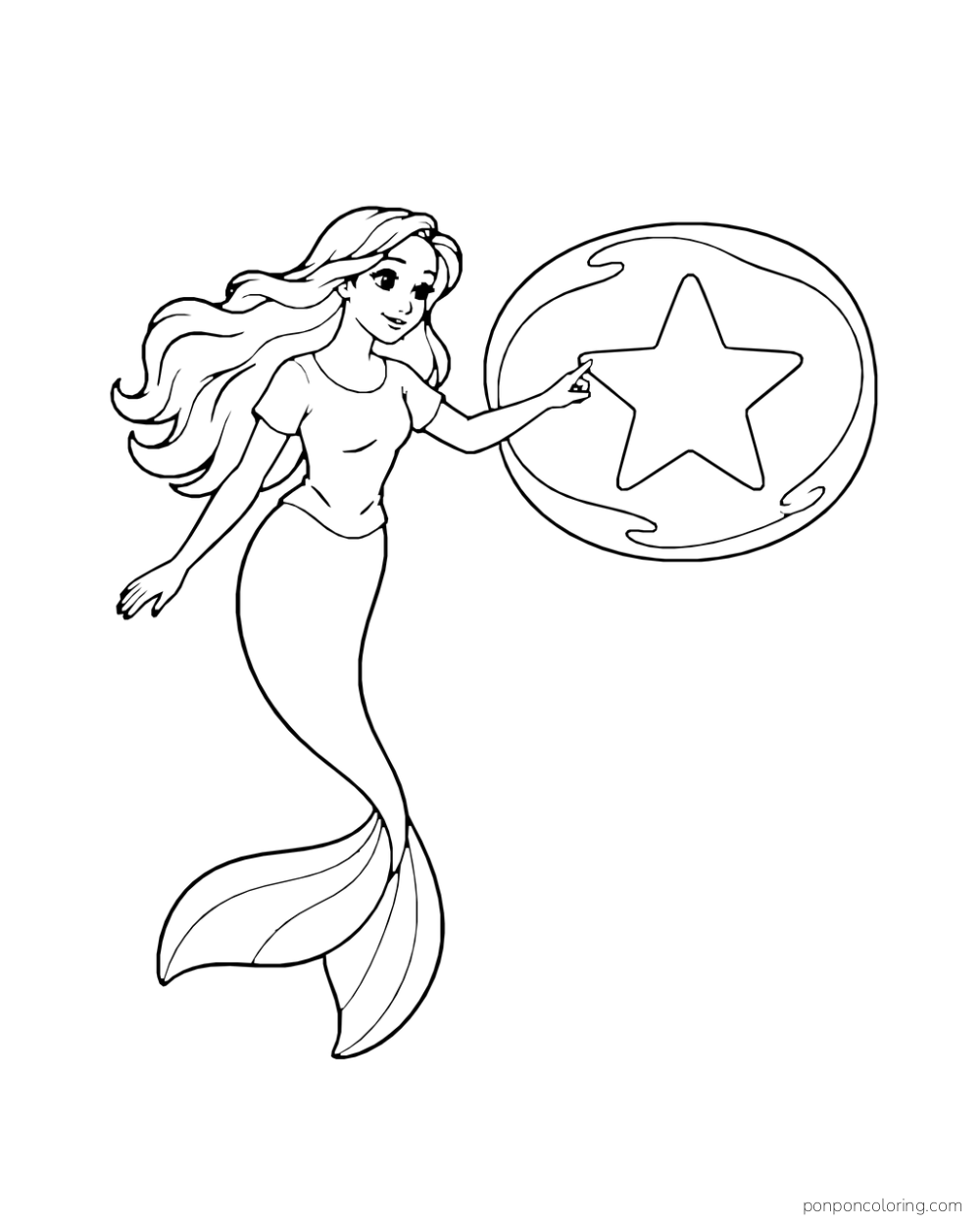 A mermaid touches a star enclosed by an oval ribbon of water.