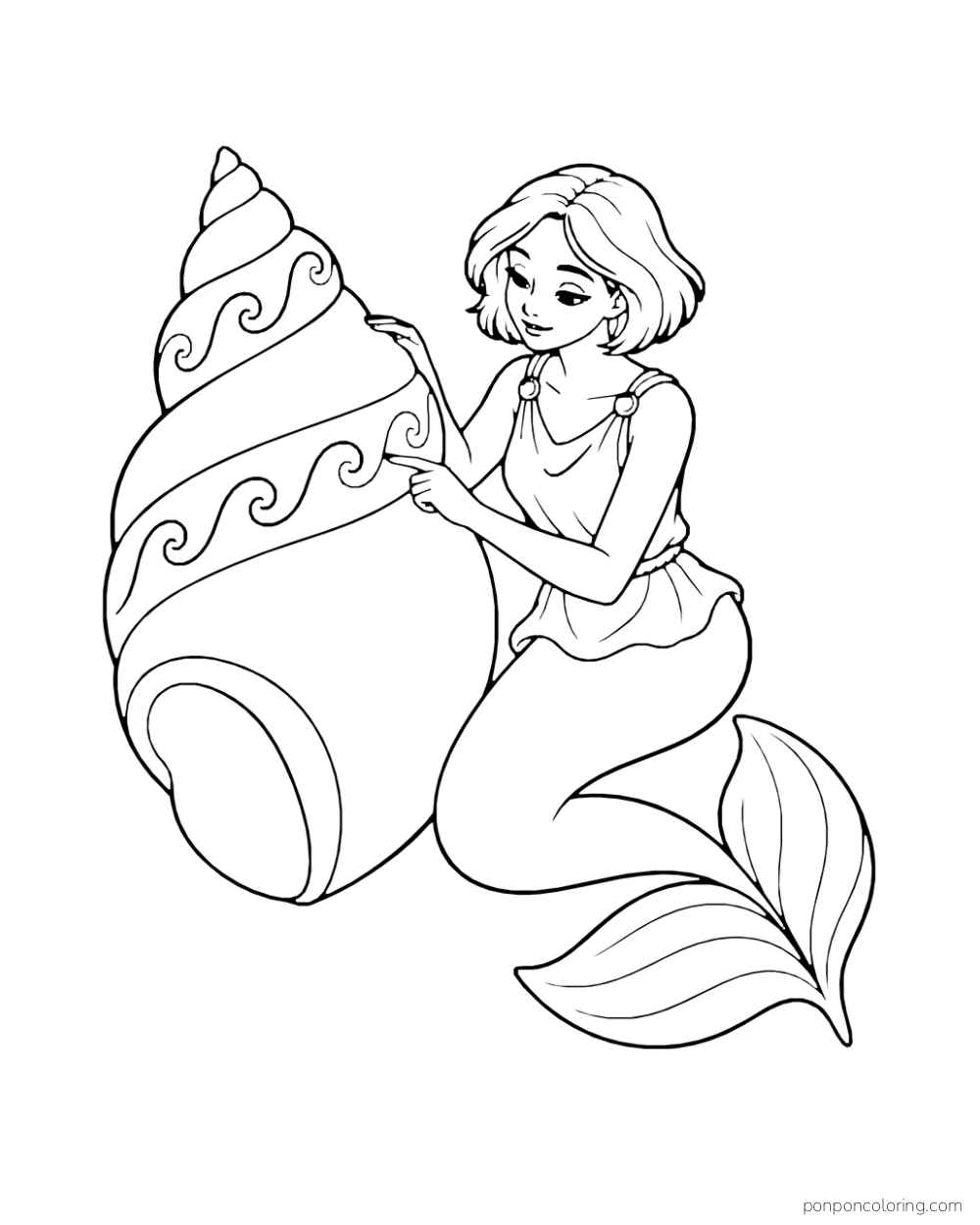 A bob-haired mermaid traces the broad spiral bands of a large shell beside her.