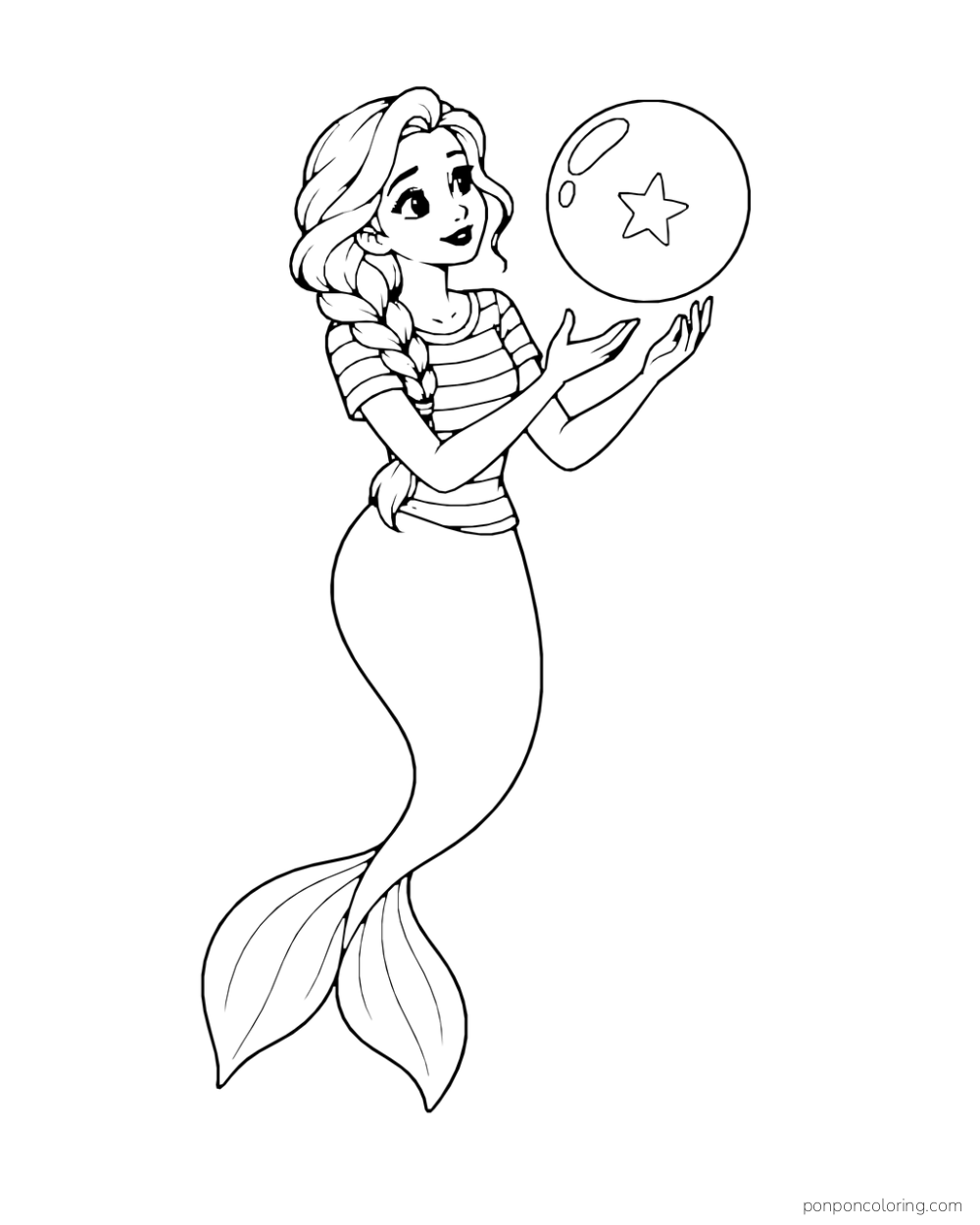 A mermaid in a striped top holds her hands near a round bubble with a star reflected inside.