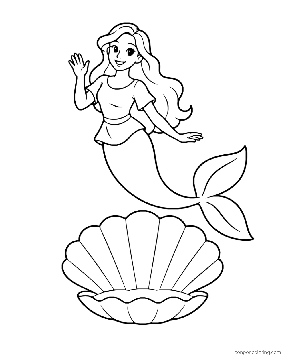 A waving mermaid floats above one large open scallop shell.