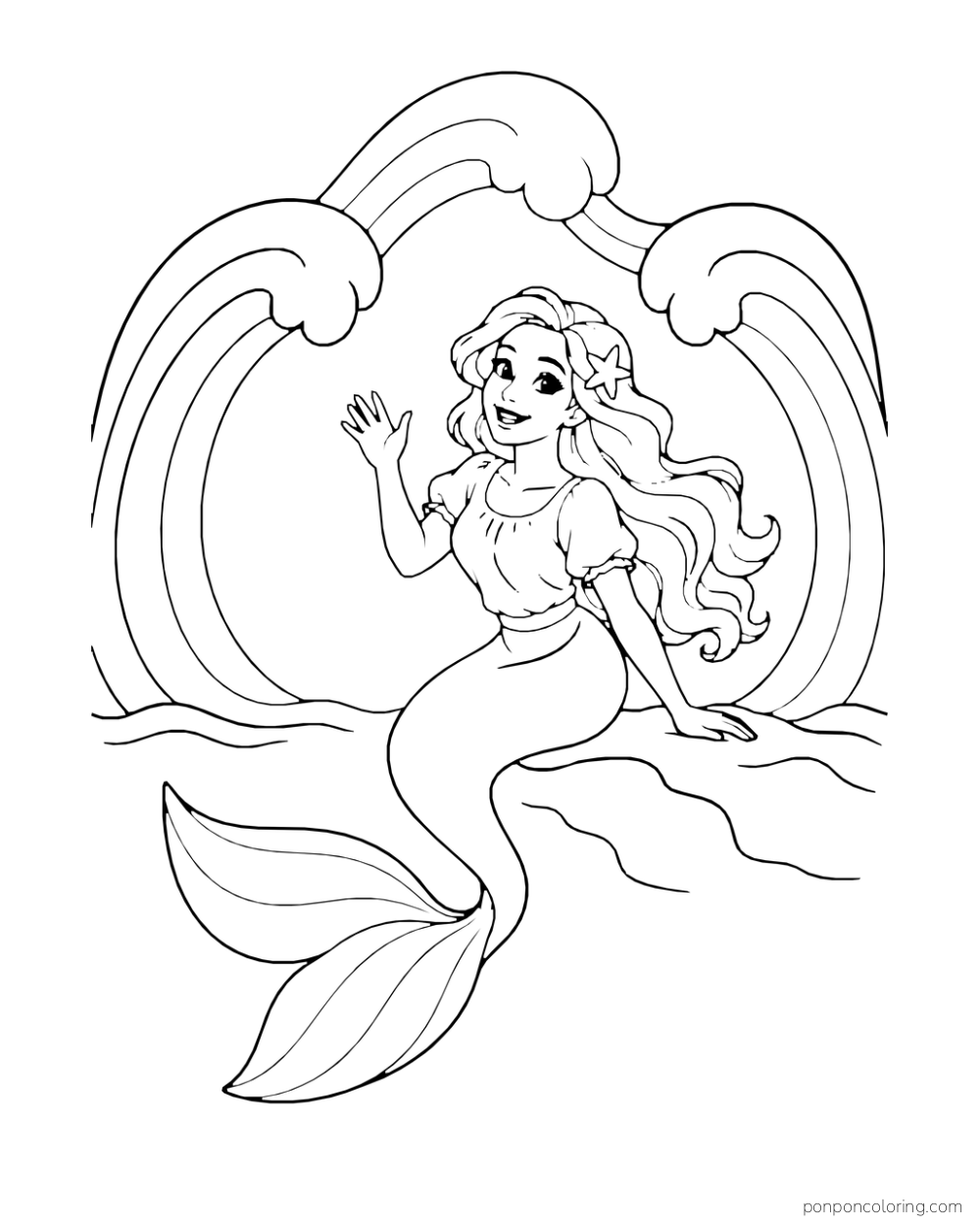 A mermaid waves beneath an arch formed by three large curling wave crests.