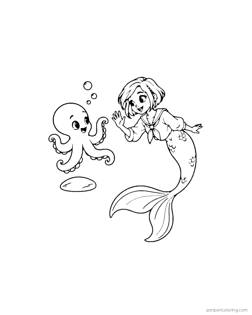 A short-haired mermaid with a wide forked tail waves to a smiling four-armed octopus beside an oval stone and three bubbles.