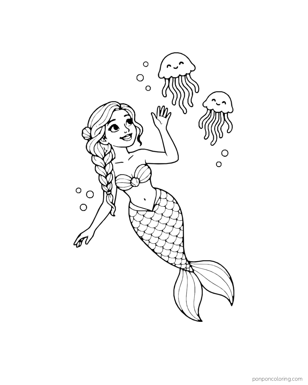A braided mermaid raises one arm toward two jellyfish drifting above her, with a few bubbles between them.