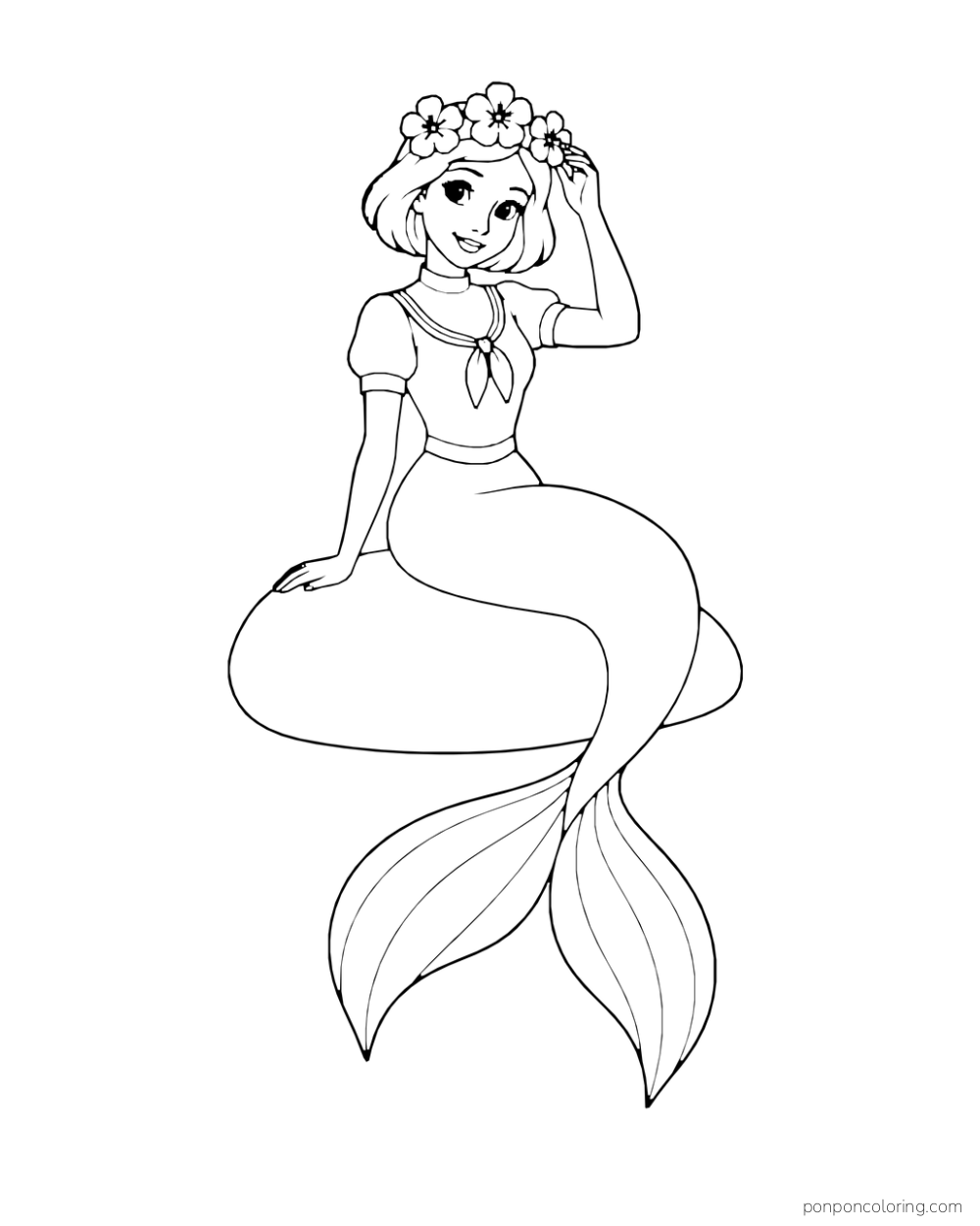A bob-haired mermaid sits on a stone wearing a crown of three large sea flowers.