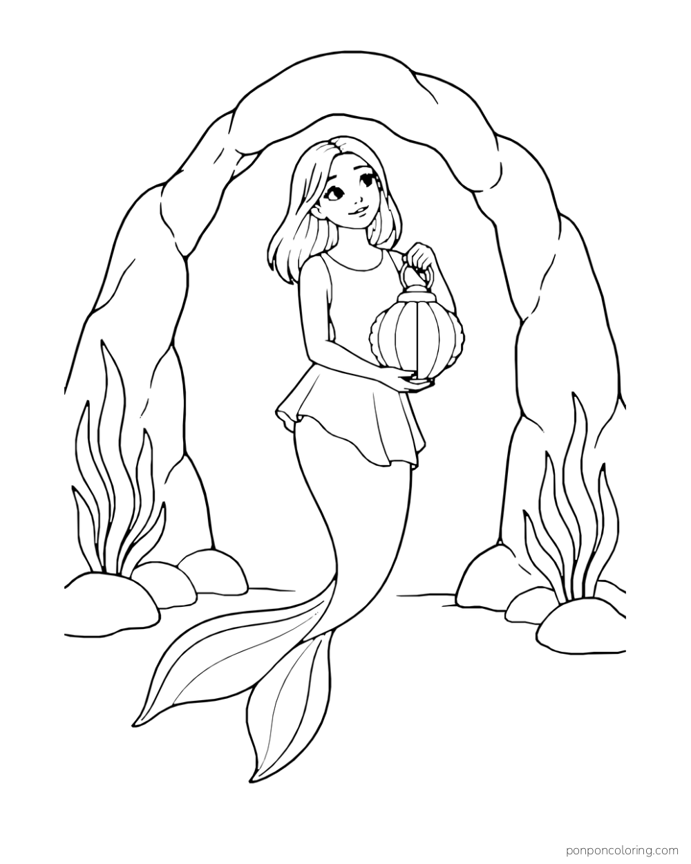 A mermaid in a tunic holds a shell lantern inside a broad rock cave arch.