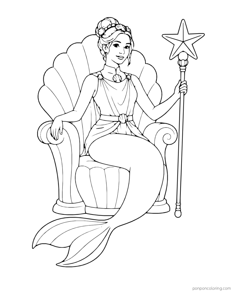 A mermaid sits on a scallop-shaped throne and holds a staff topped with a star.
