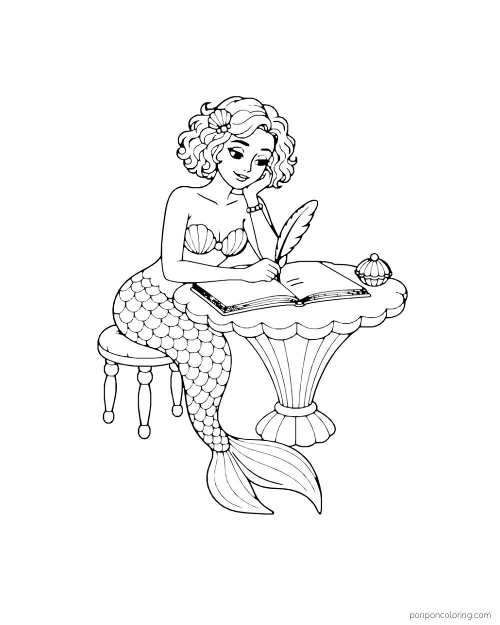 A mermaid sits at a shell-shaped desk and writes in an open blank journal.