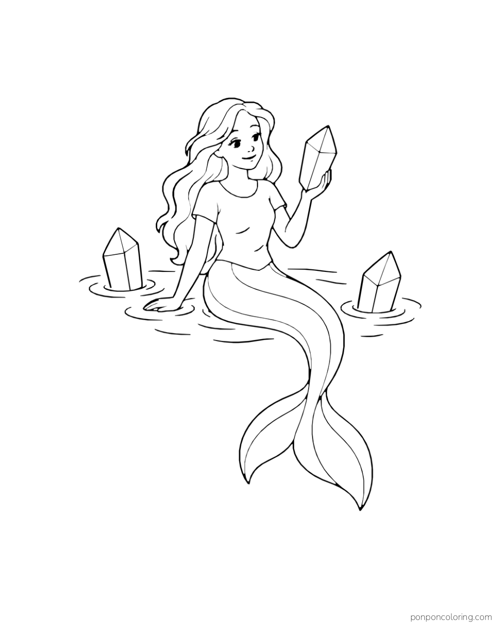 One mermaid holds a crystal while two other mermaids gather nearby, with three crystal shapes between them.