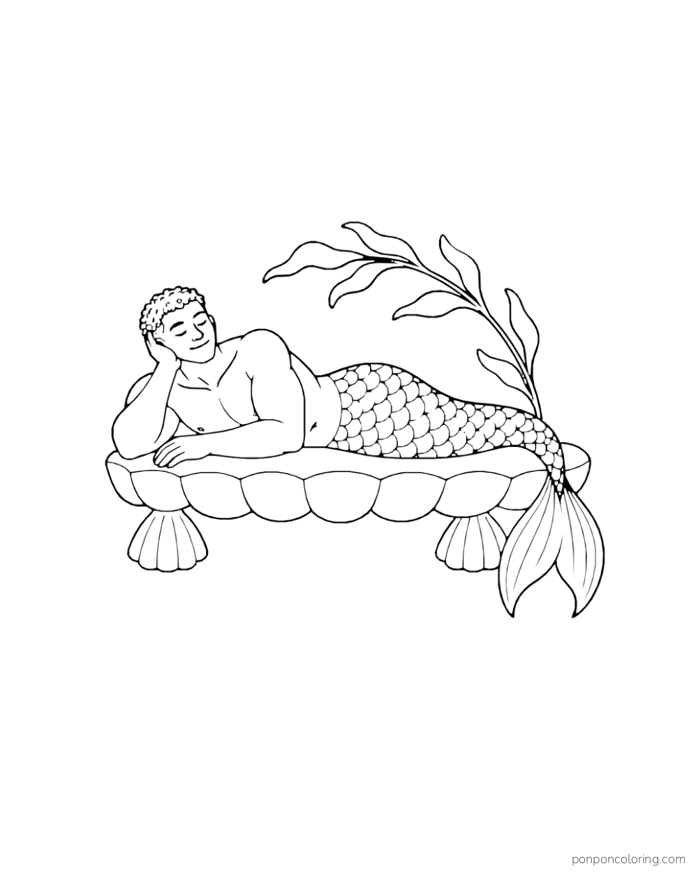 A merman reclines on a scallop-shaped bench beneath a long curved kelp frond.