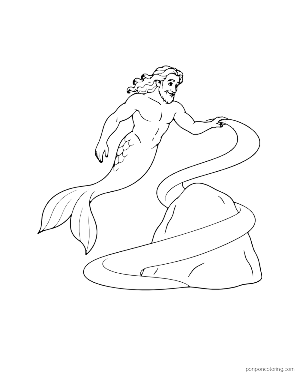 An older merman follows a broad ribbon of current curling around a rock.