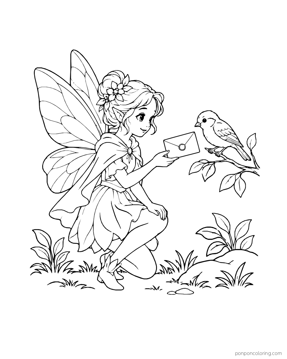 Kneeling fairy offering a sealed envelope to a sparrow on a branch.