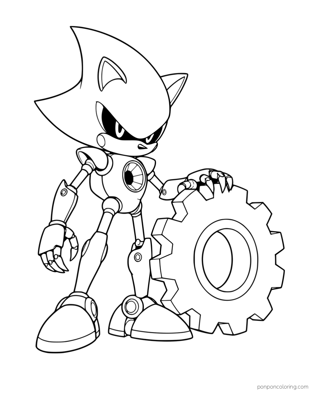 Metal Sonic standing with one hand on a large gear.