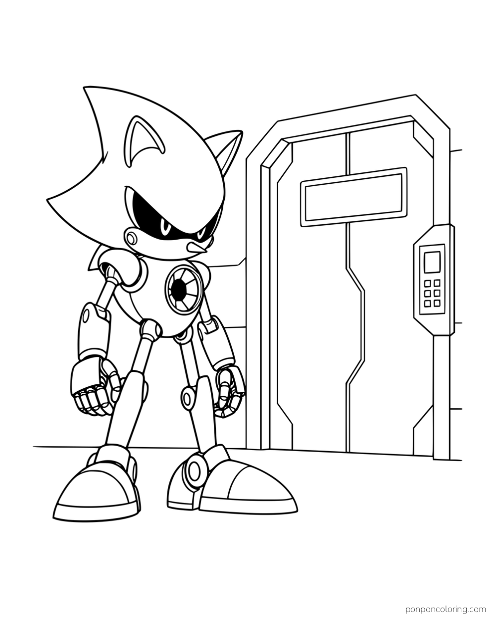 Metal Sonic standing beside a laboratory door.