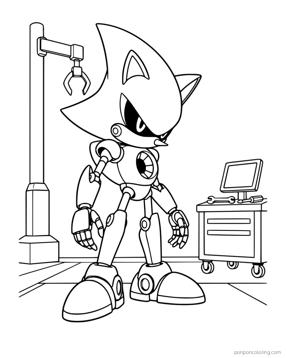 Metal Sonic standing beside a mechanical arm and a wheeled tool cabinet.
