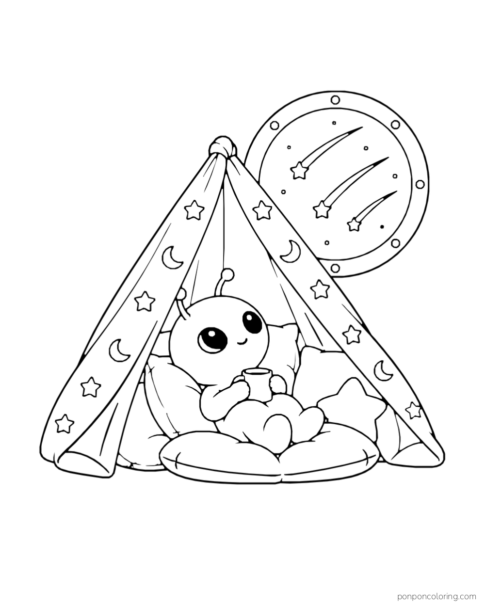 An alien watches meteors from a pillow fort.