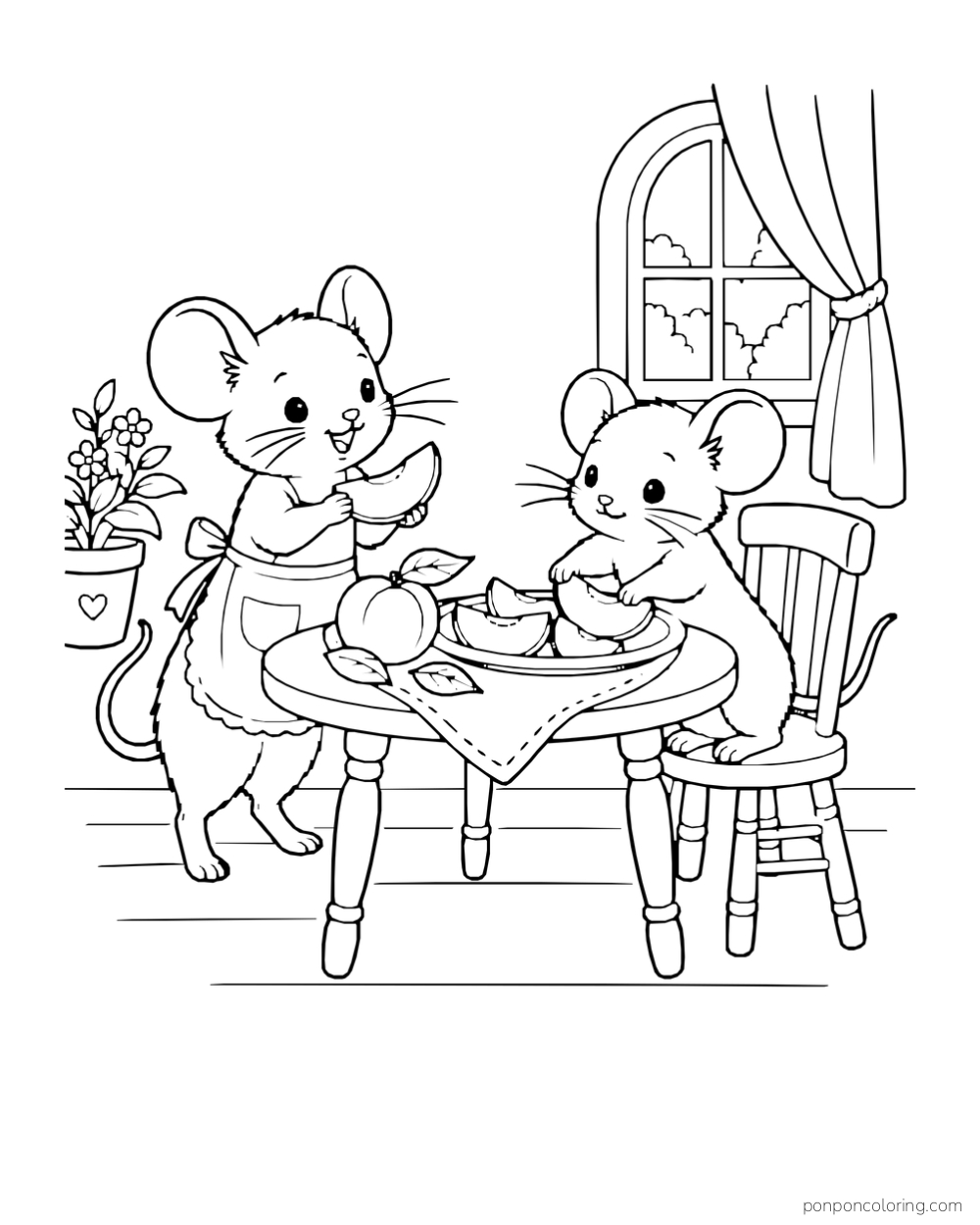 Two mice at a small table arranging peach wedges on a plate.