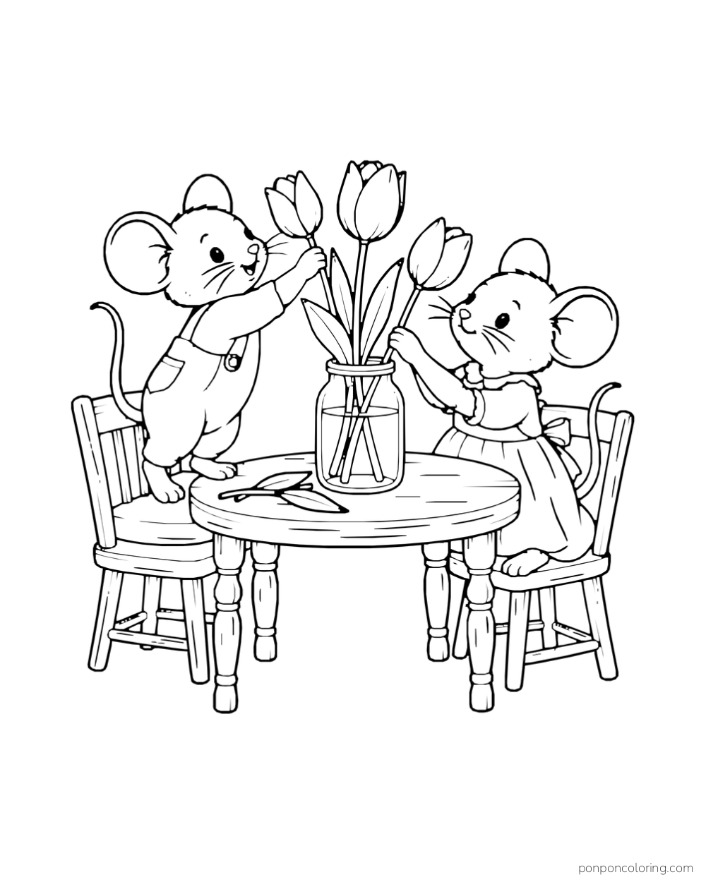 Two mice at a small table placing tulips into a clear jar.