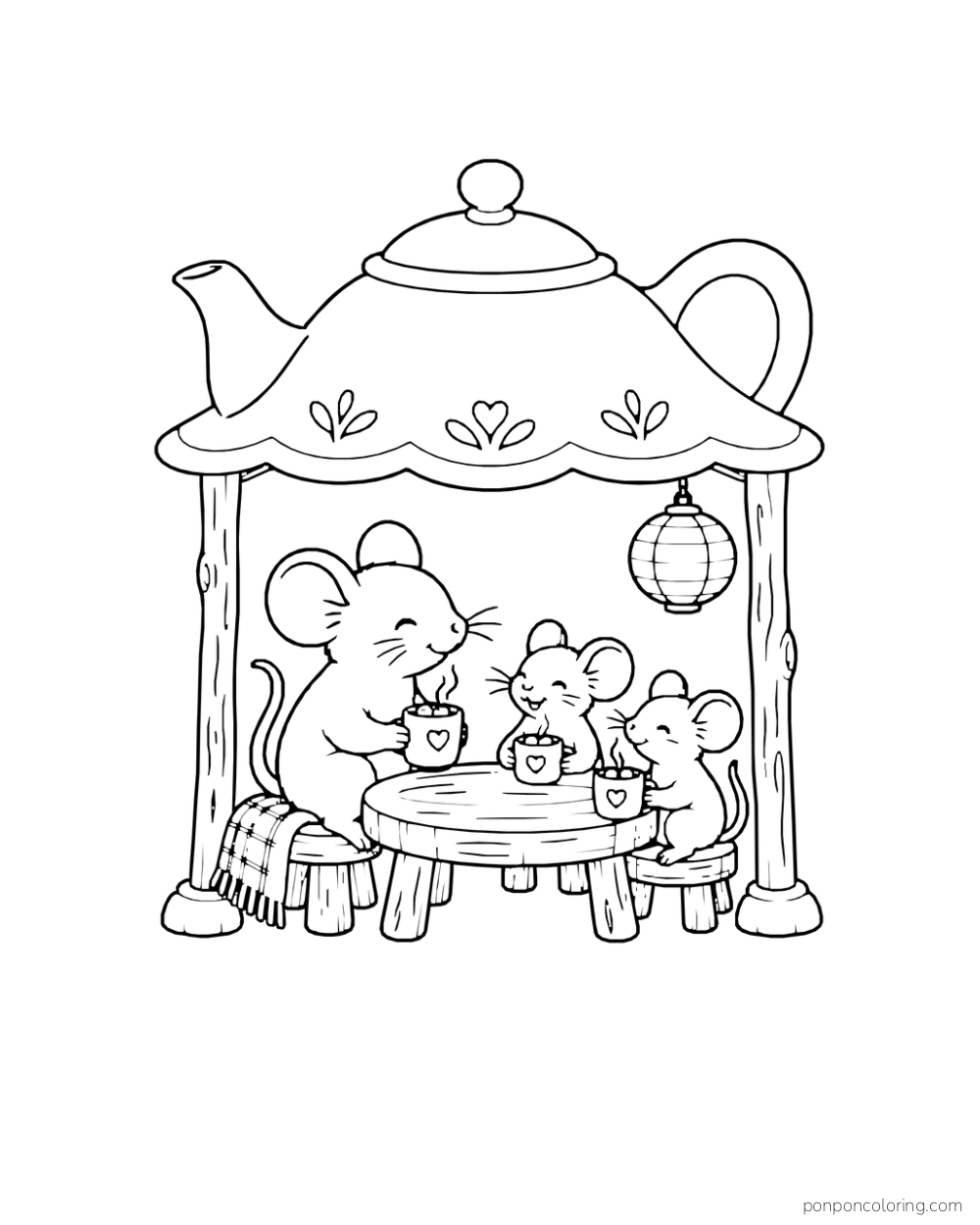 Three mice share cocoa at a low table beneath a roof shaped like a teapot.