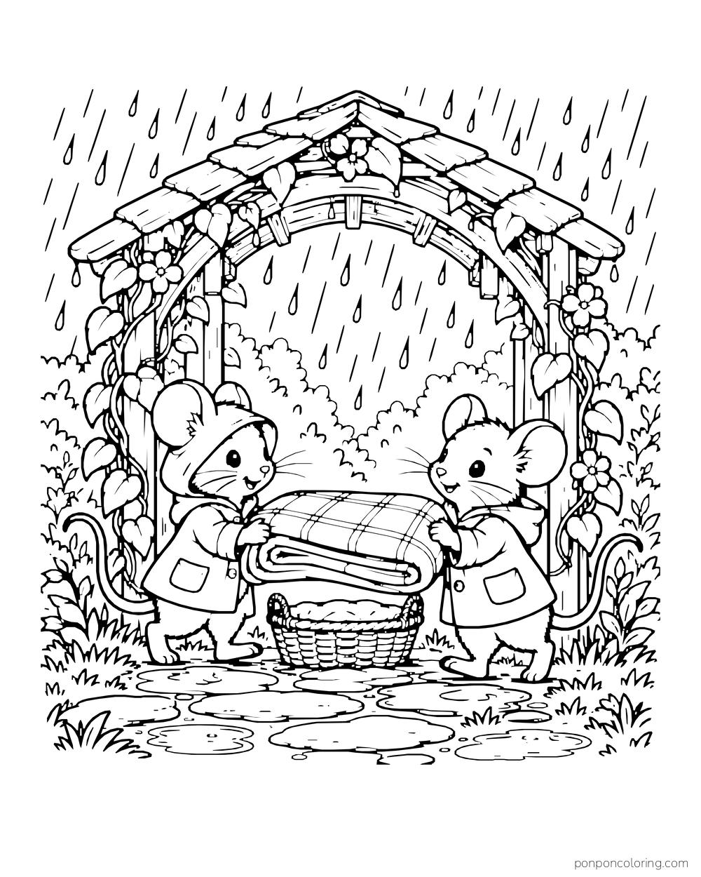 Two mice carry a folded blanket through a covered garden arch.