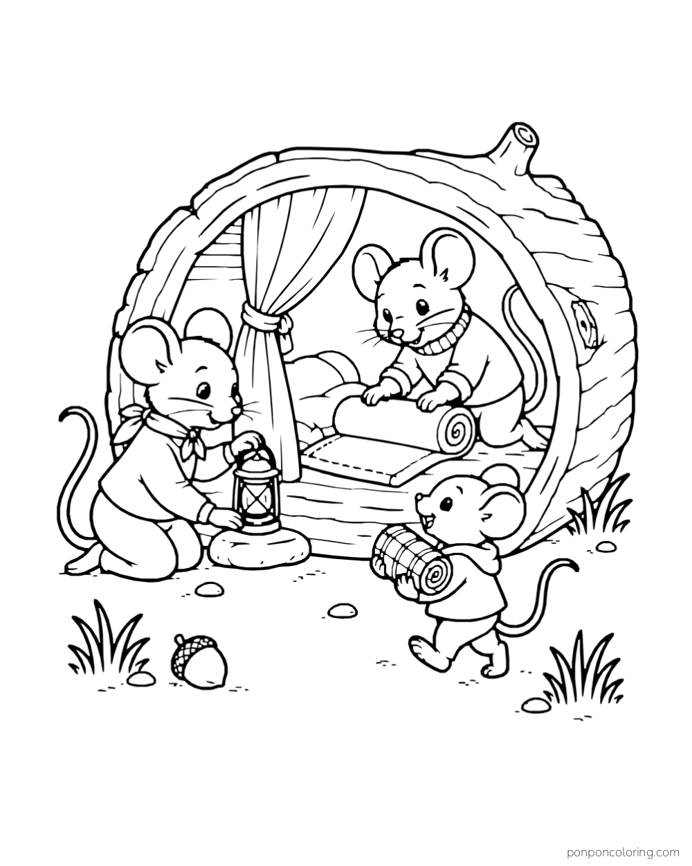 Three mice settle into a hollow log with a lantern and rolled bedding.