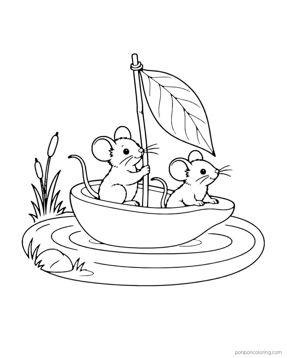 Two mice ride in an avocado-half boat with a leaf sail on an oval pond.