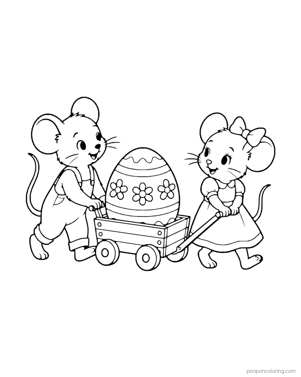 Two mice in overalls and a dress move a wooden cart carrying a large flower-patterned Easter egg.