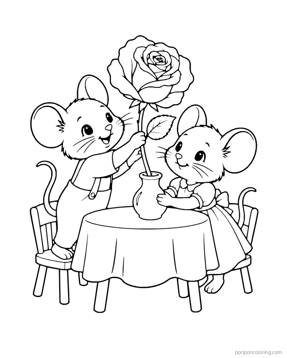 Two mice at a tiny round table placing one tall rose into a vase.