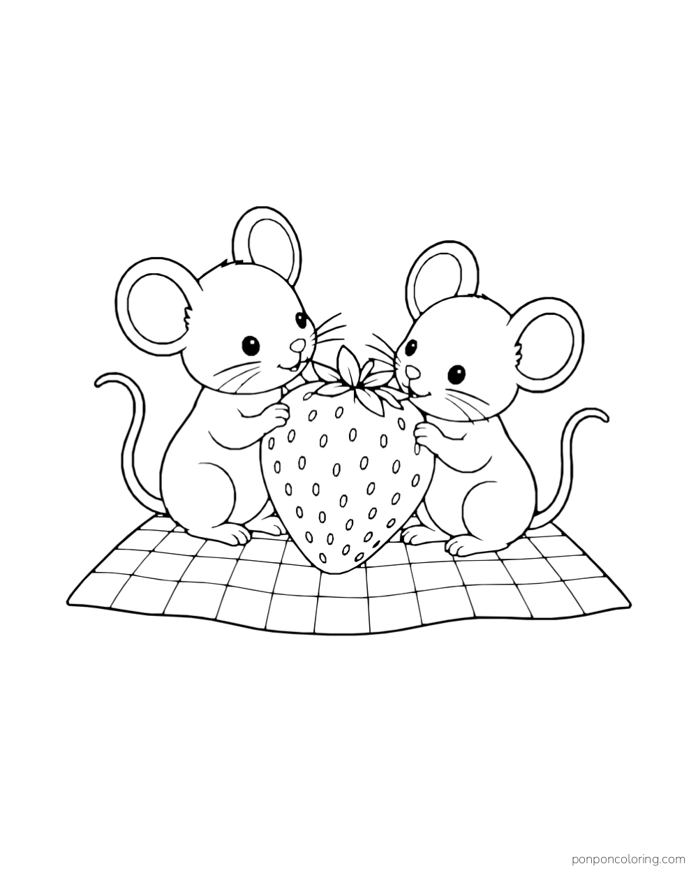 Two mice hold a large strawberry while sitting on a checked picnic blanket.