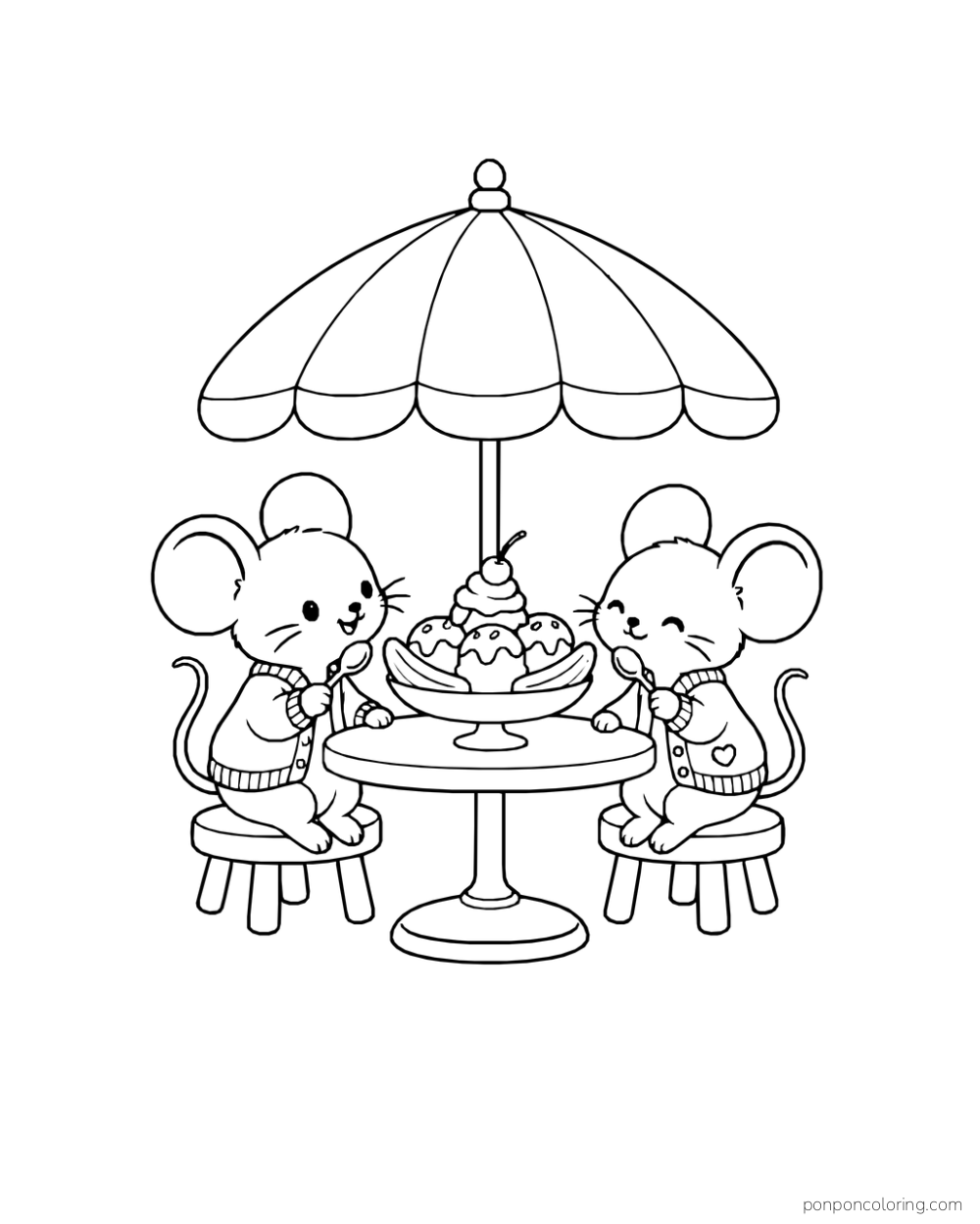 Two mice in cardigans sharing a banana sundae at a round cafe table under a striped parasol.