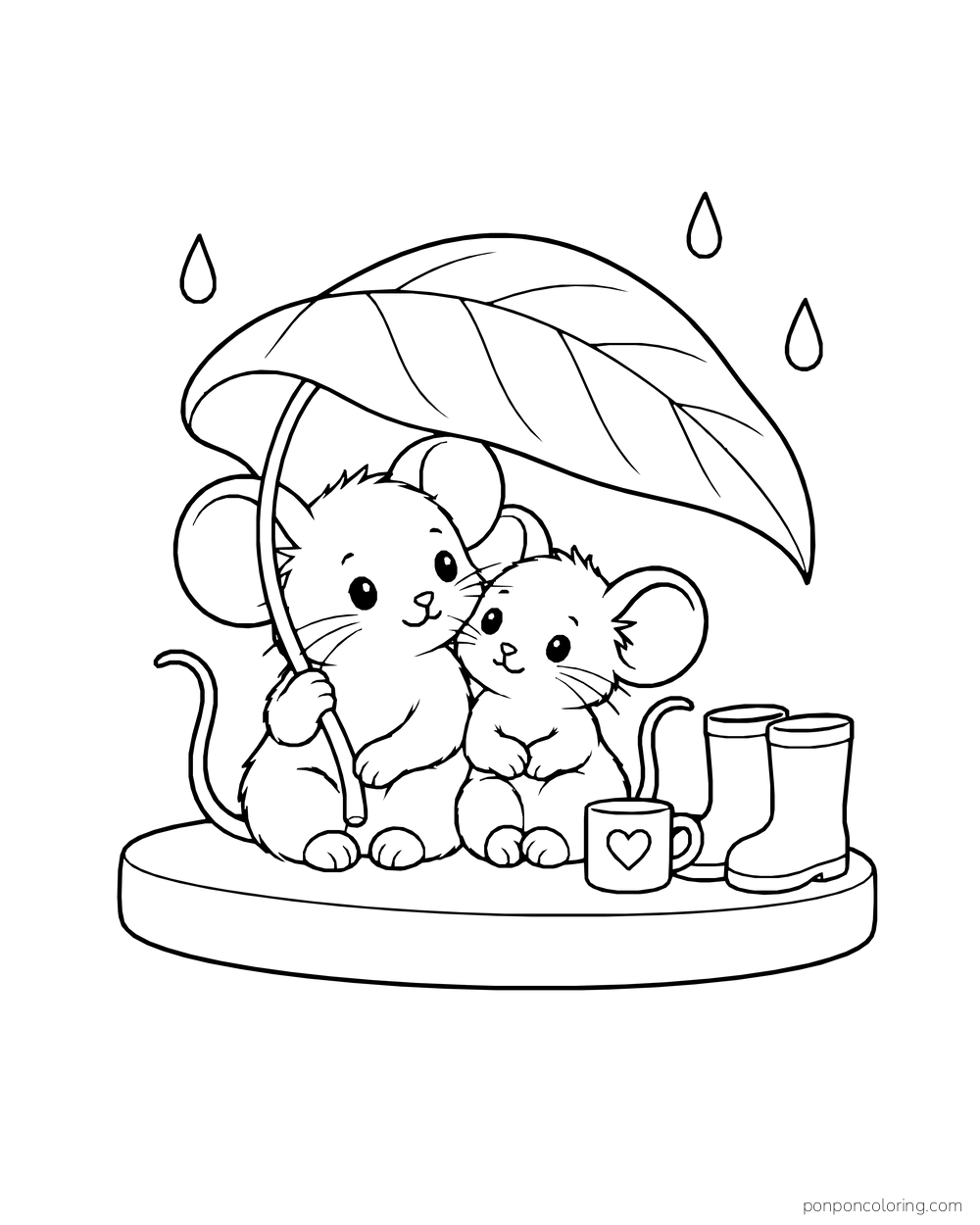 Two mice sheltering under a large leaf umbrella on a step beside a pair of boots and a mug.