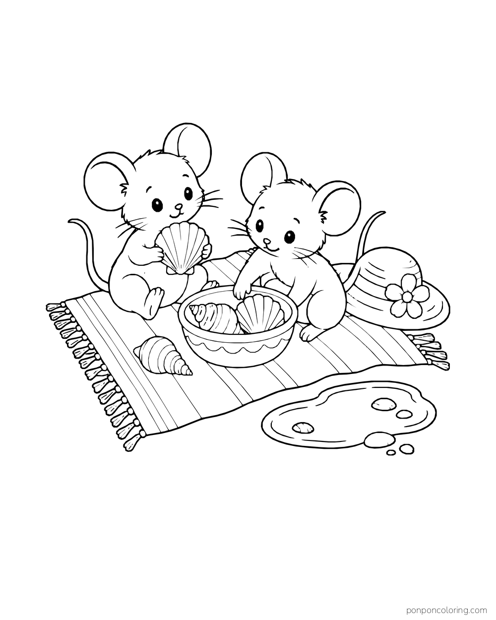 Two mice sorting shells into a bowl on a fringed beach towel beside a sunhat and tide puddle.