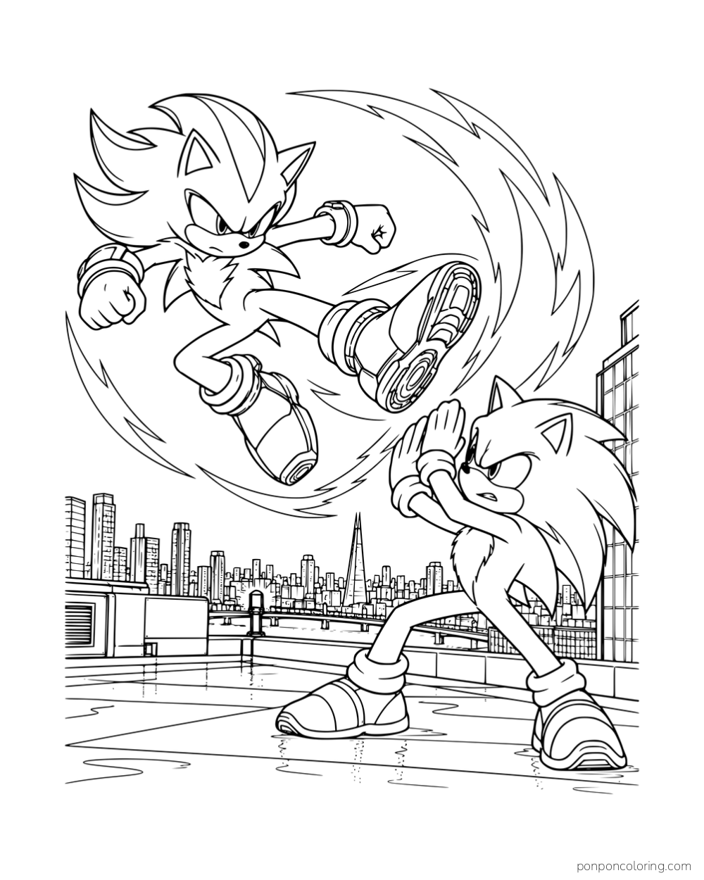 Shadow delivering a midair kick while Sonic raises his arms to block on a rooftop.