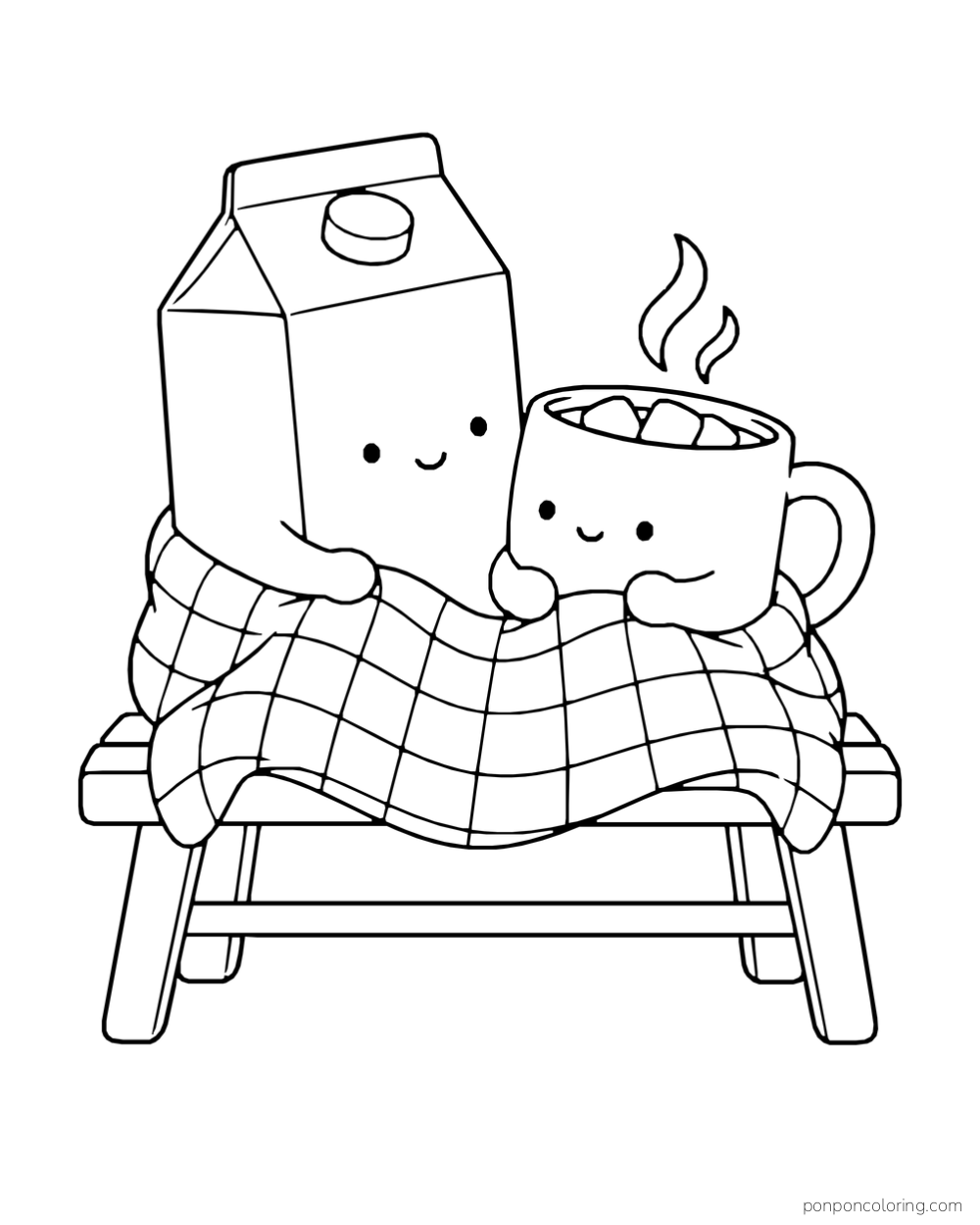 A milk carton and a mug of cocoa share a checked blanket on a bench.
