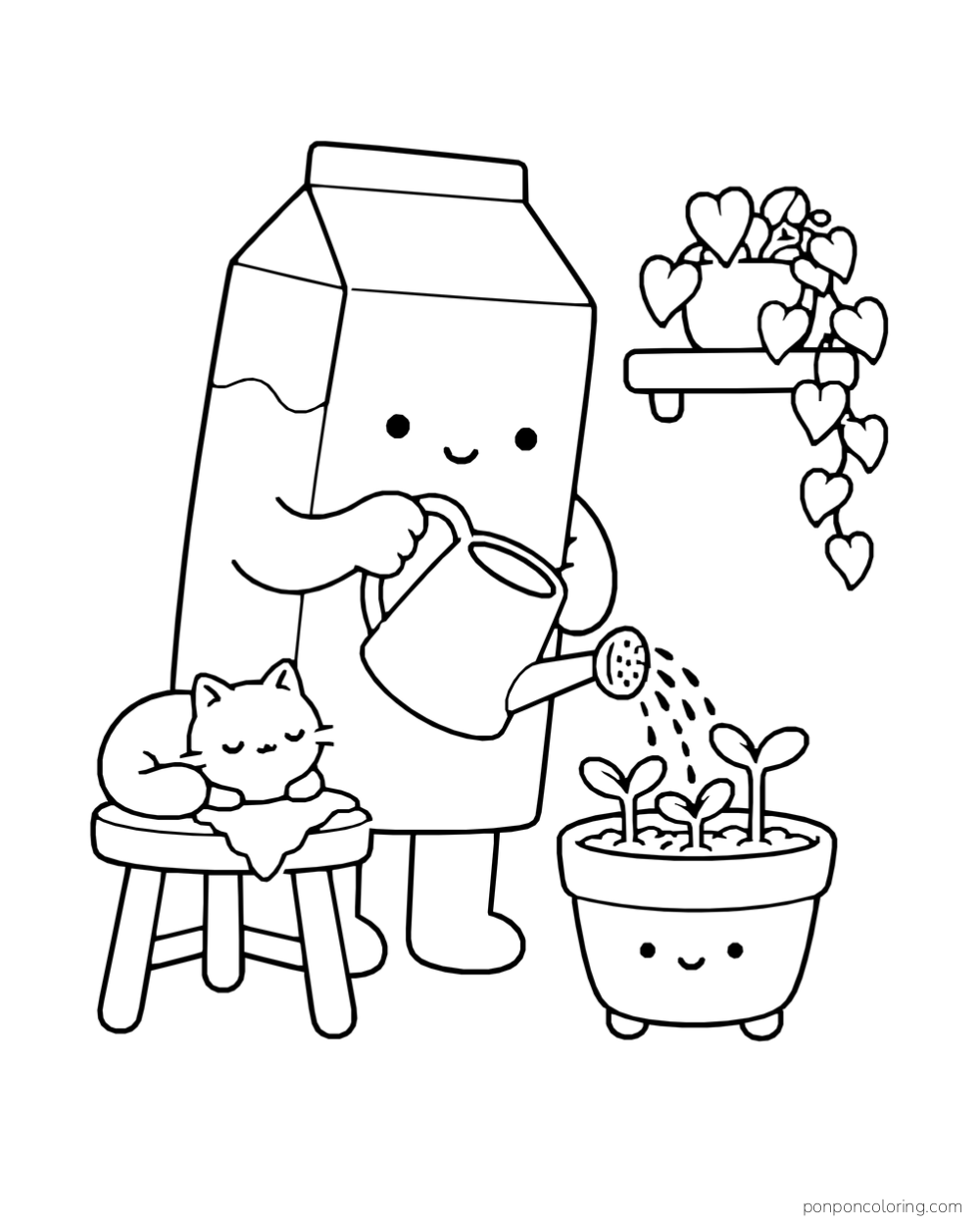 A milk carton waters three sprouts in a smiling planter beside a sleeping cat on a stool and a hanging plant.