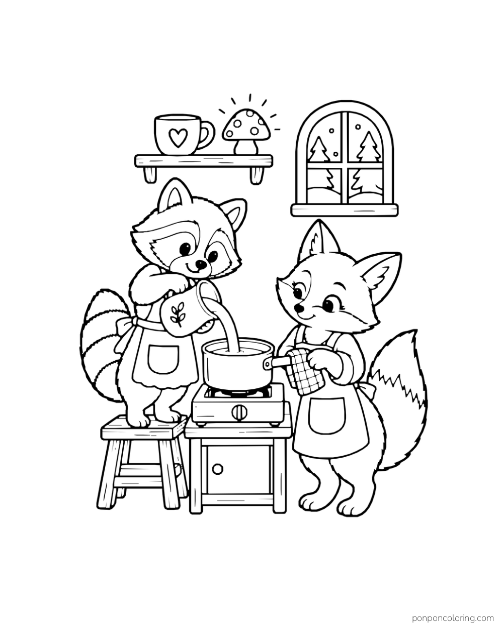 A raccoon pours milk into a pot while a fox steadies the handle on a low stove.