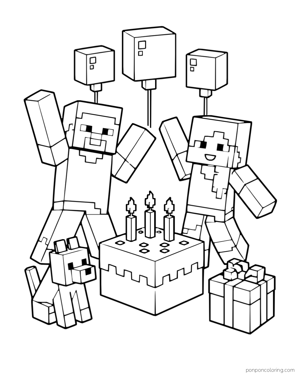 Steve and Alex celebrate beside a cake with three candles, square balloons, a gift, and a wolf.