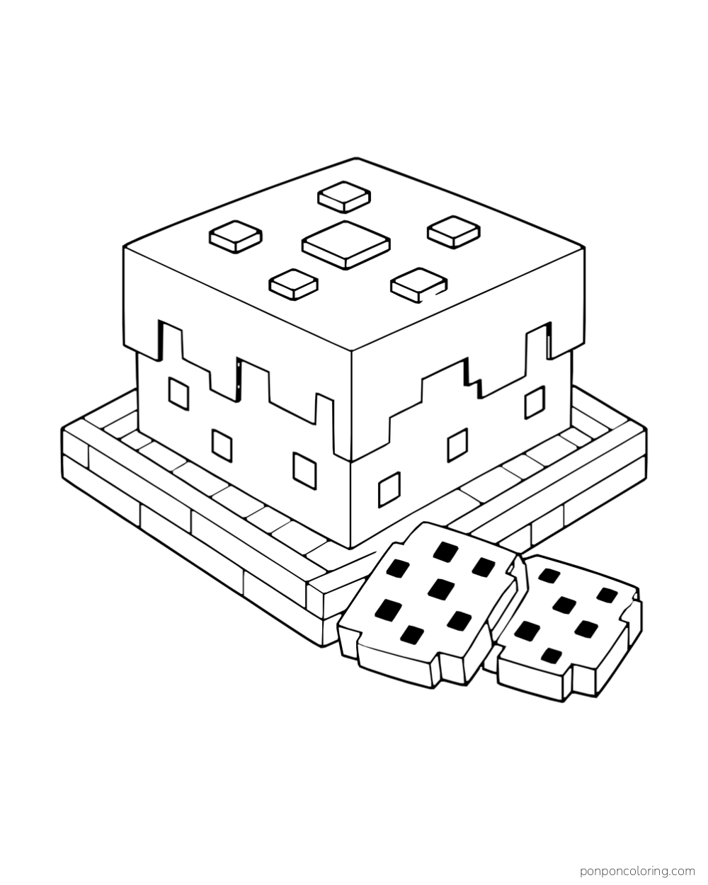 A square frosted cake rests on a wooden plate beside two blocky cookies.