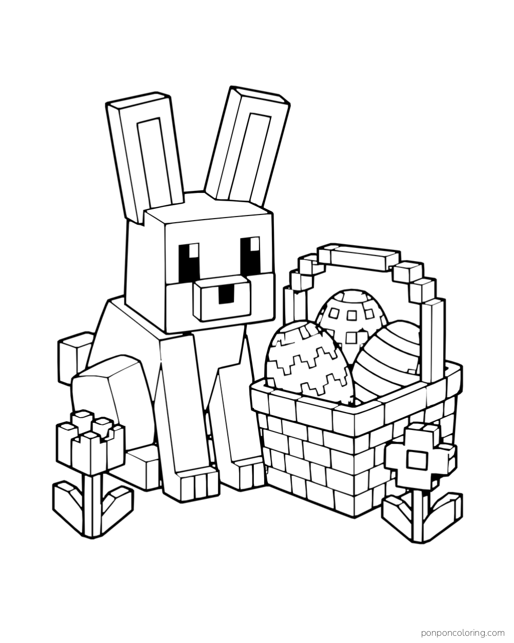 A blocky rabbit sits beside a basket of patterned Easter eggs and two flowers.