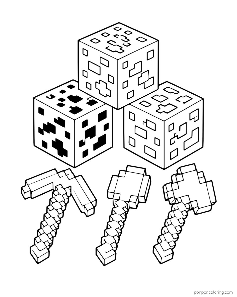 A pickaxe, shovel, and axe lie below three stacked ore blocks.