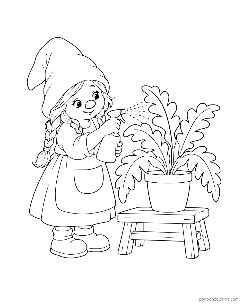 Braided gnome spraying a large potted fern set on a low stool.
