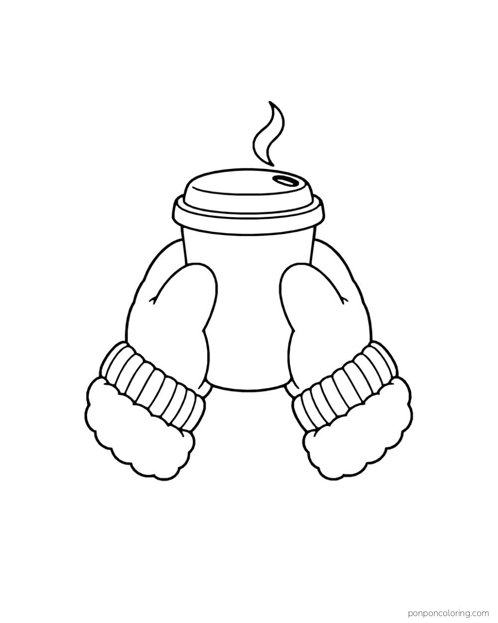 Two complete winter mittens hold a steaming lidded cocoa cup from either side.