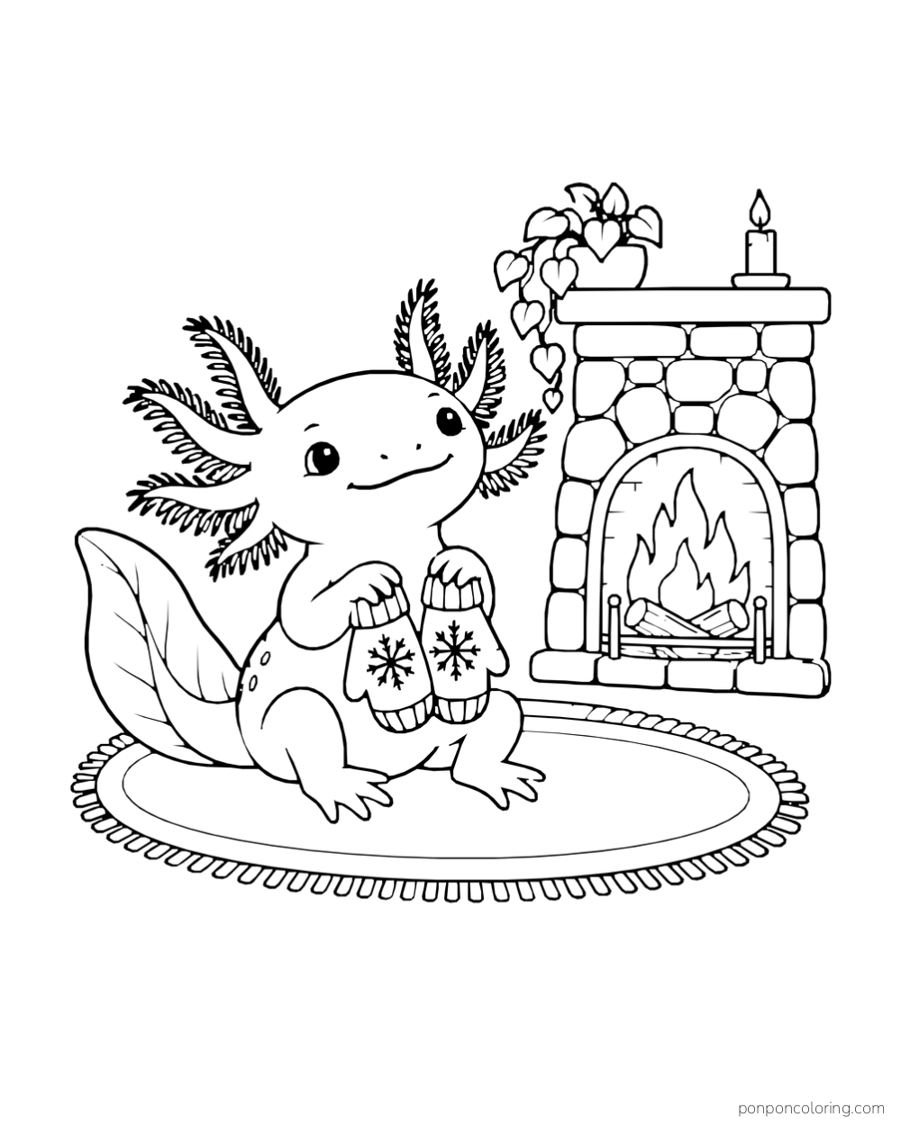 Axolotl holding a pair of patterned mittens while sitting on a rug beside a fireplace.