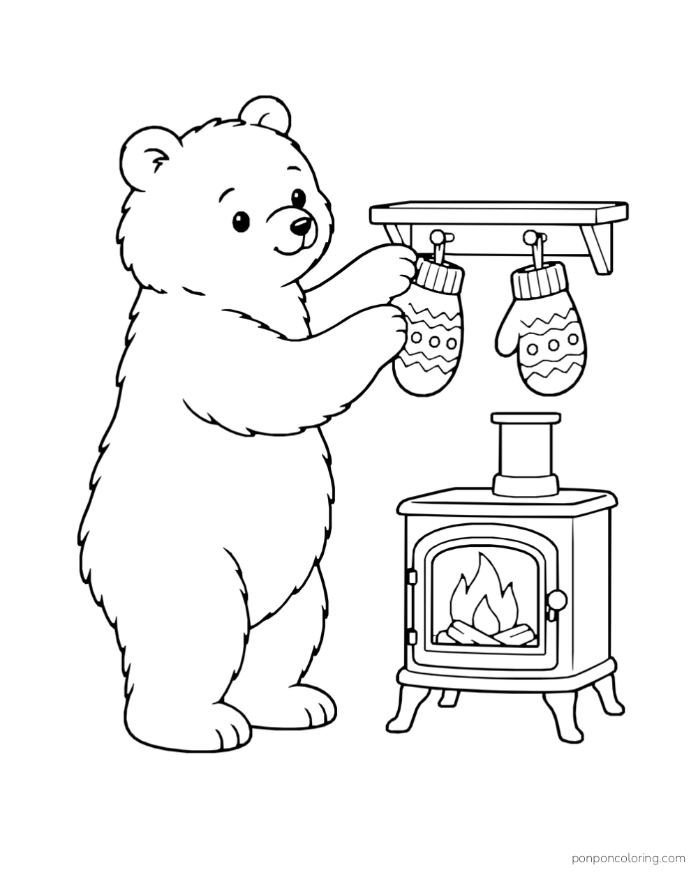 A bear hangs a pair of patterned mittens on a shelf beside a small stove.