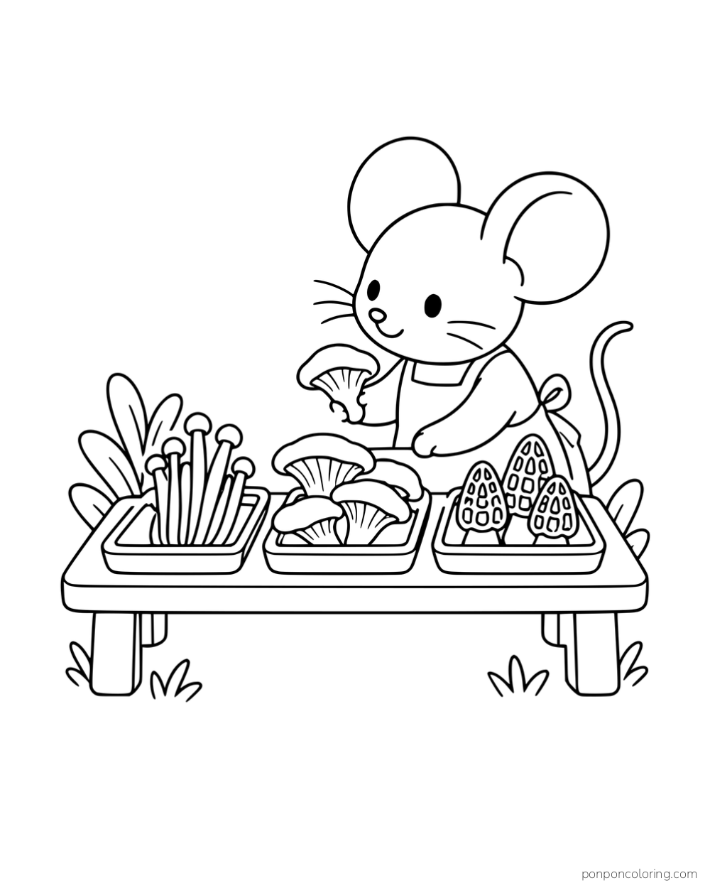 A mouse tending a table with separate trays of enoki, oyster mushrooms and morels.