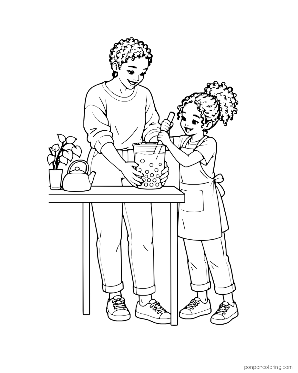 An adult and child stir a pitcher of tea at a small table with a cup and fruit beside them.