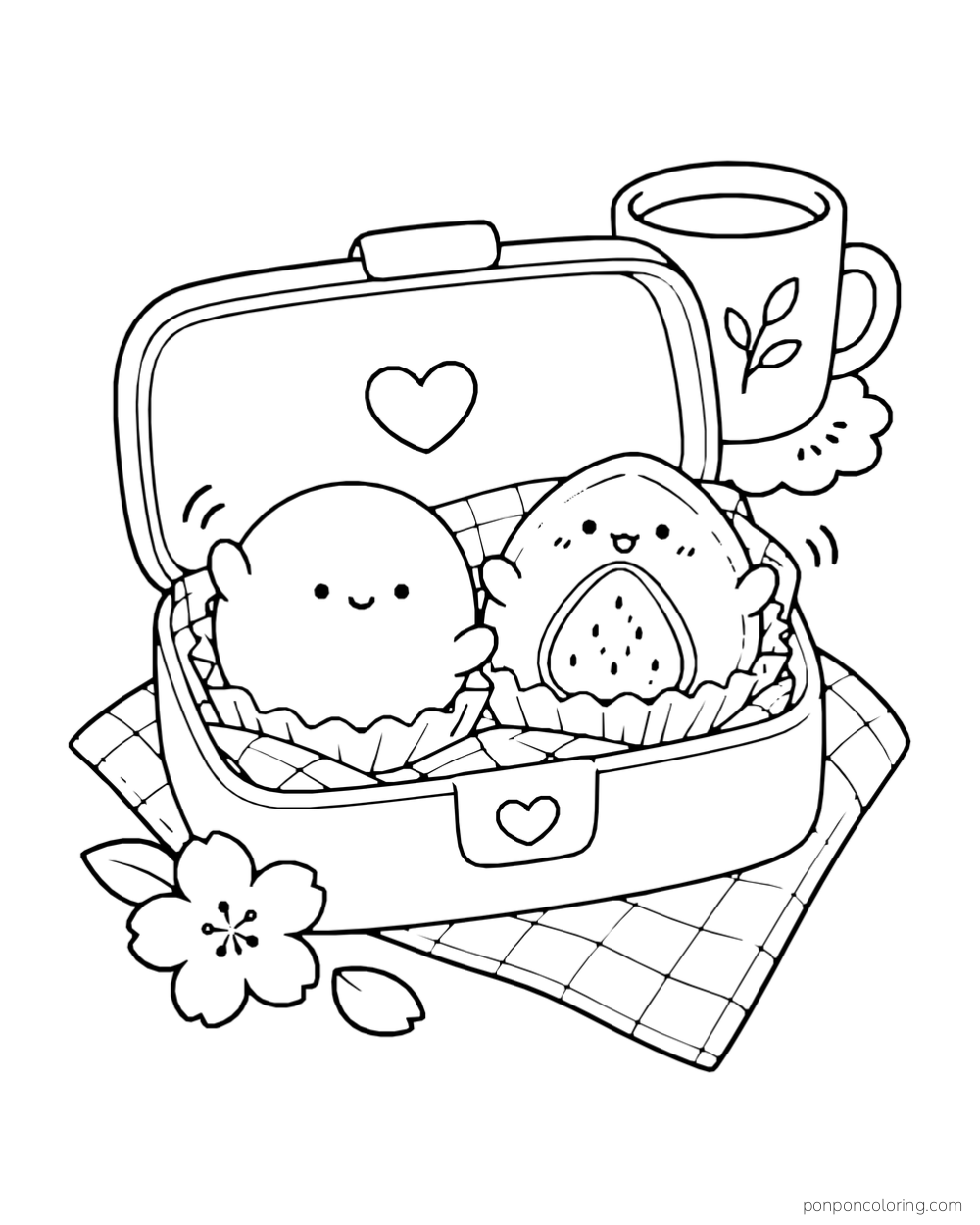 Two mochi sit in a box beside a mug, a cloth and a flower.