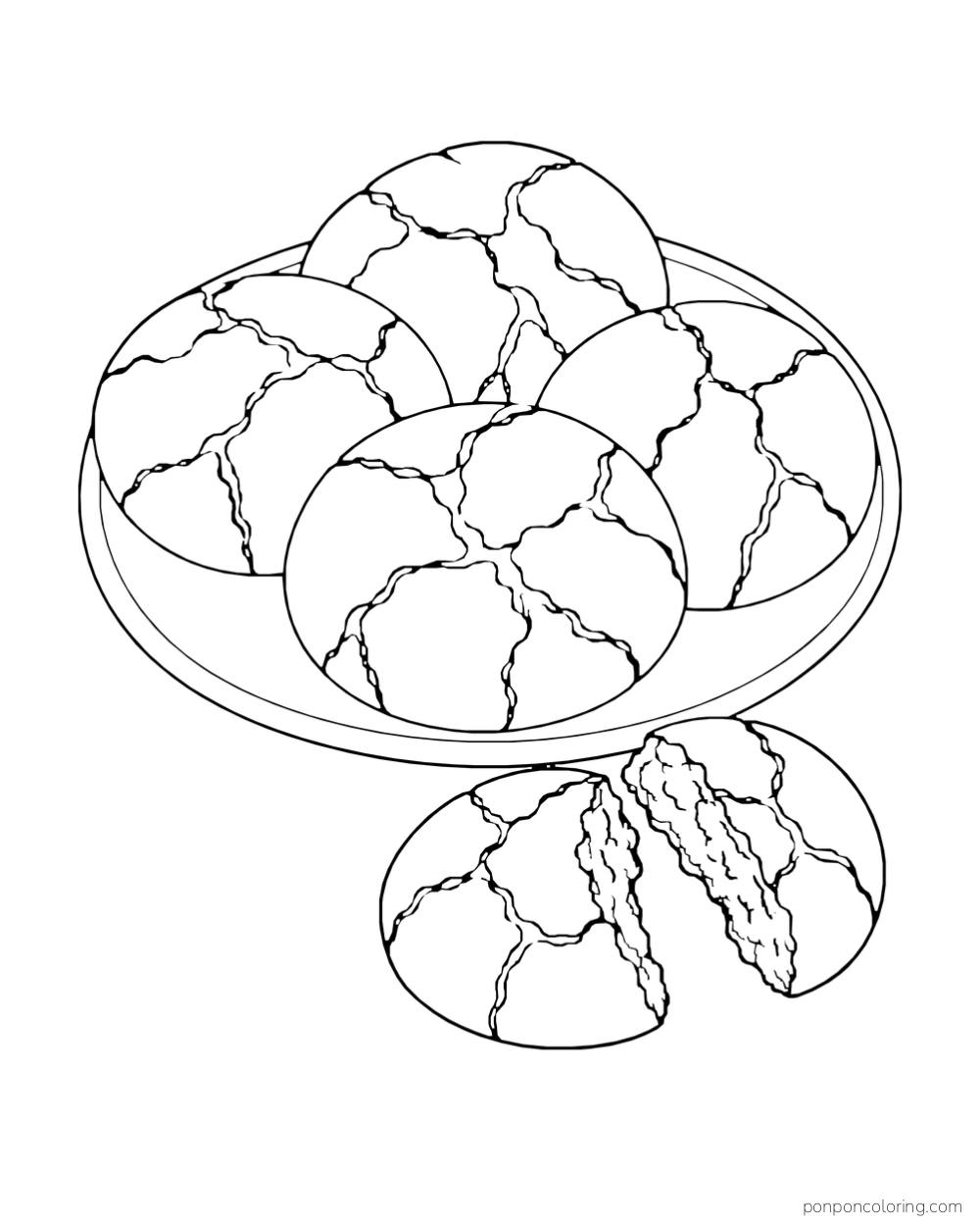 Four round crinkle cookies fill a plate while a fifth cookie is broken open beside it.