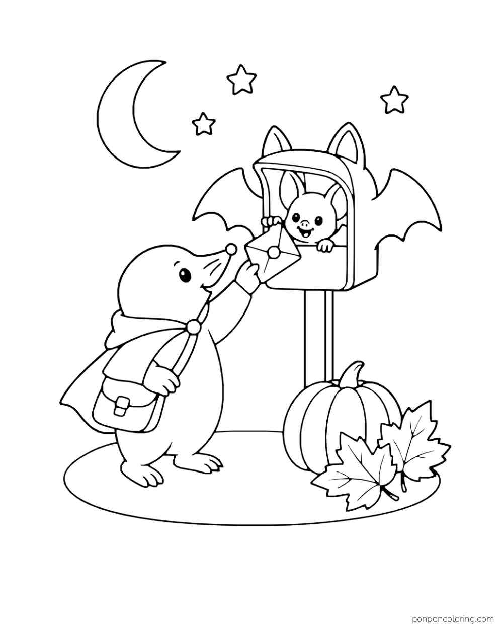 A mole mail carrier hands a sealed envelope to a little bat in a bat-shaped mailbox beside a pumpkin.